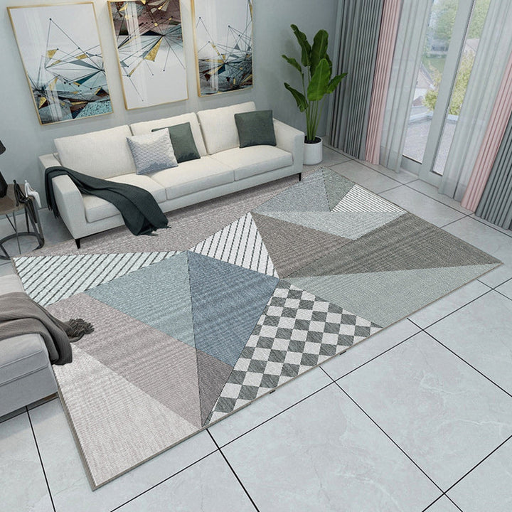 Modern living room carpet in pink and gray color block triangle print carpet polyester non-slip area rug | Bowlift