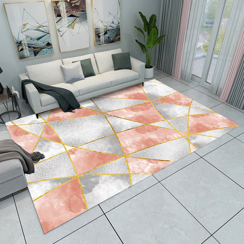 Modern living room carpet in pink and gray color block triangle print carpet polyester non-slip area rug | Bowlift