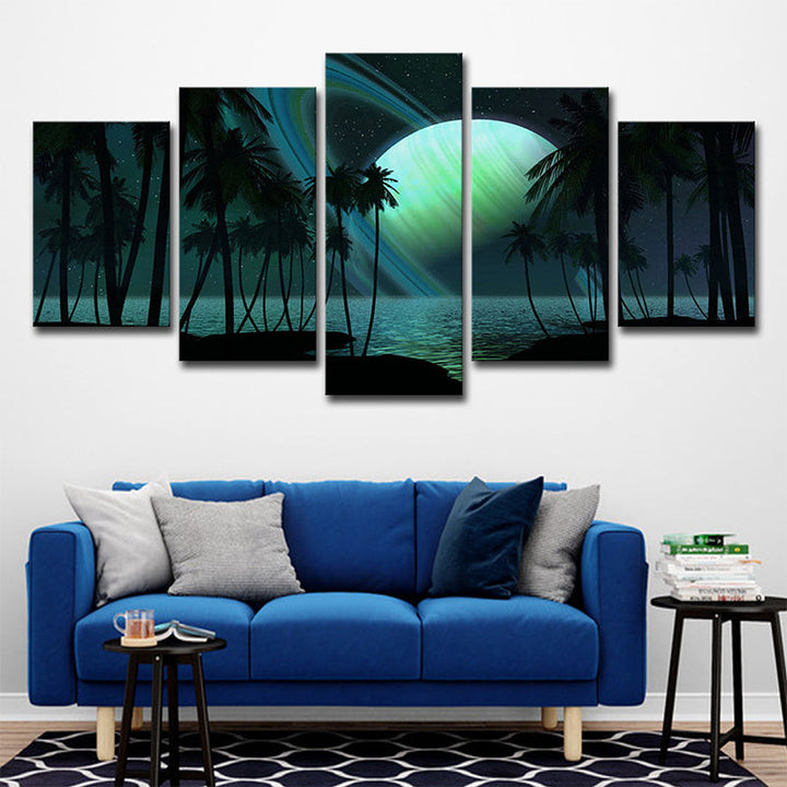BowLift | Tropics Night Zeeland Landscape Canvas Green Ring Planet Wall Art Print for Family Room