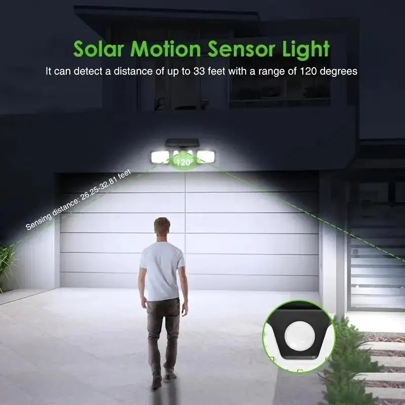 BowLift | Solar LED floodlight with motion sensor – 3-beam outdoor lighting for garden, yard, and garage