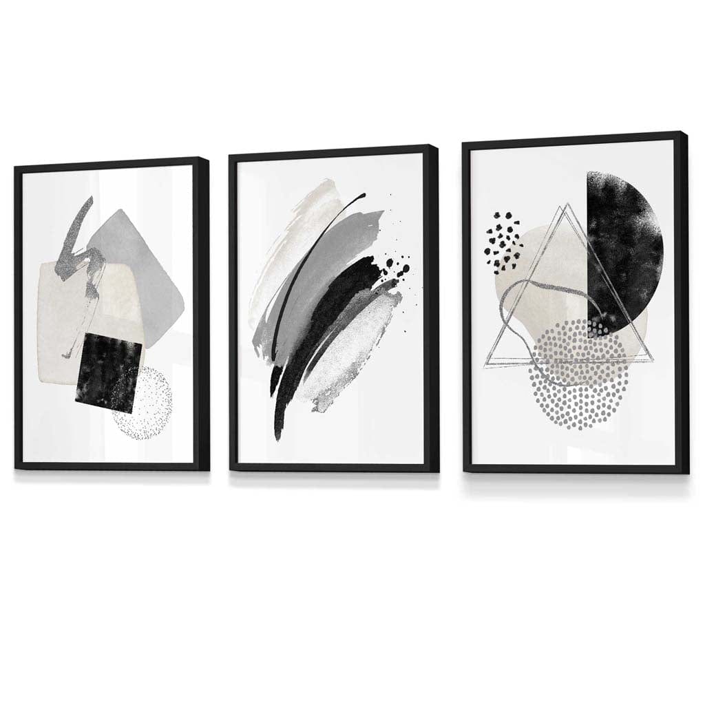 Abstract Gray Black and Silver Set of 3 Framed Wall Art Prints | Bowlift