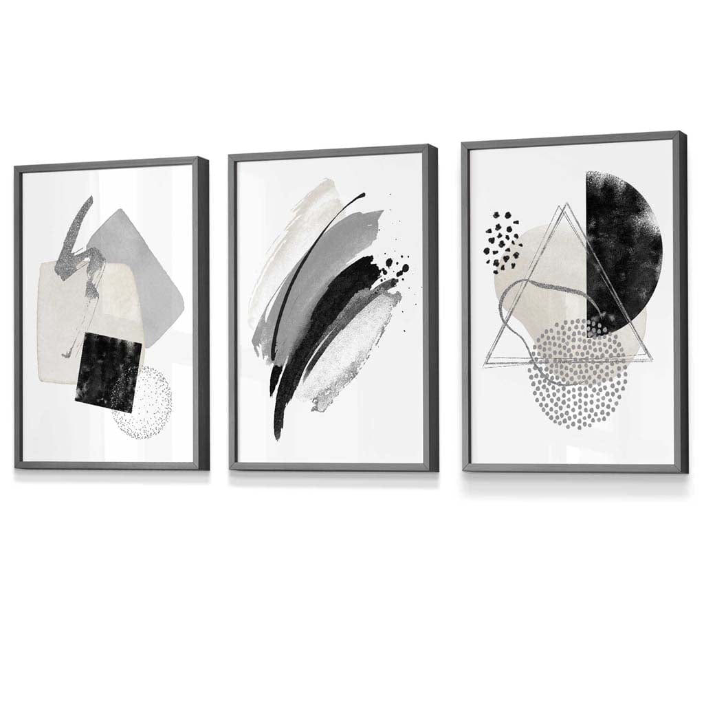 Abstract Gray Black and Silver Set of 3 Framed Wall Art Prints | Bowlift