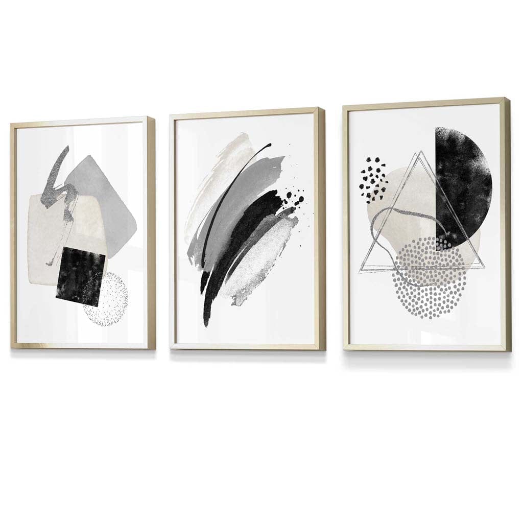 Abstract Gray Black and Silver Set of 3 Framed Wall Art Prints | Bowlift