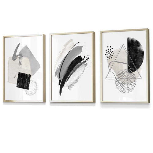 Abstract Gray Black and Silver Set of 3 Framed Wall Art Prints | Bowlift