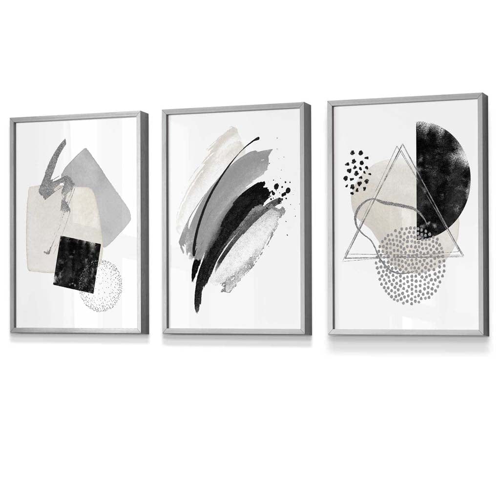 Abstract Gray Black and Silver Set of 3 Framed Wall Art Prints | Bowlift
