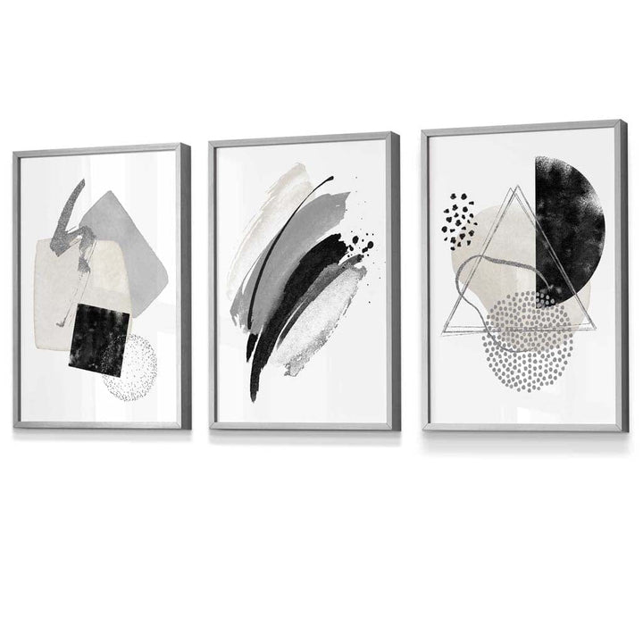 Abstract Gray Black and Silver Set of 3 Framed Wall Art Prints | Bowlift