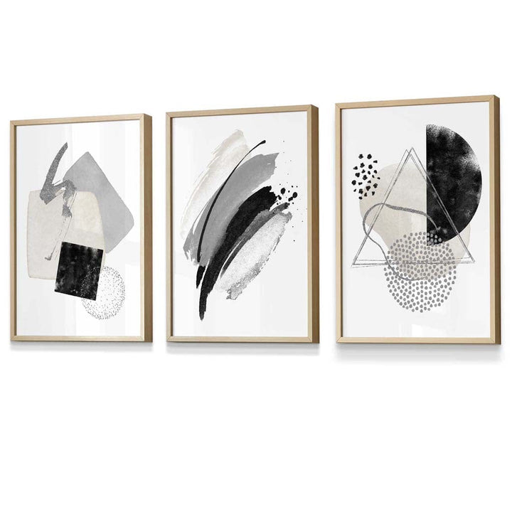 Abstract Gray Black and Silver Set of 3 Framed Wall Art Prints | Bowlift