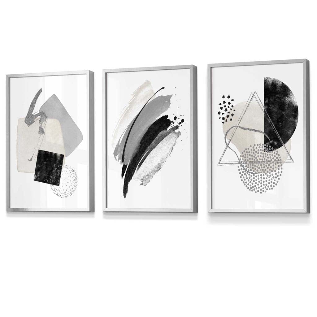 Abstract Gray Black and Silver Set of 3 Framed Wall Art Prints | Bowlift