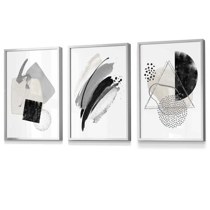 Abstract Gray Black and Silver Set of 3 Framed Wall Art Prints | Bowlift