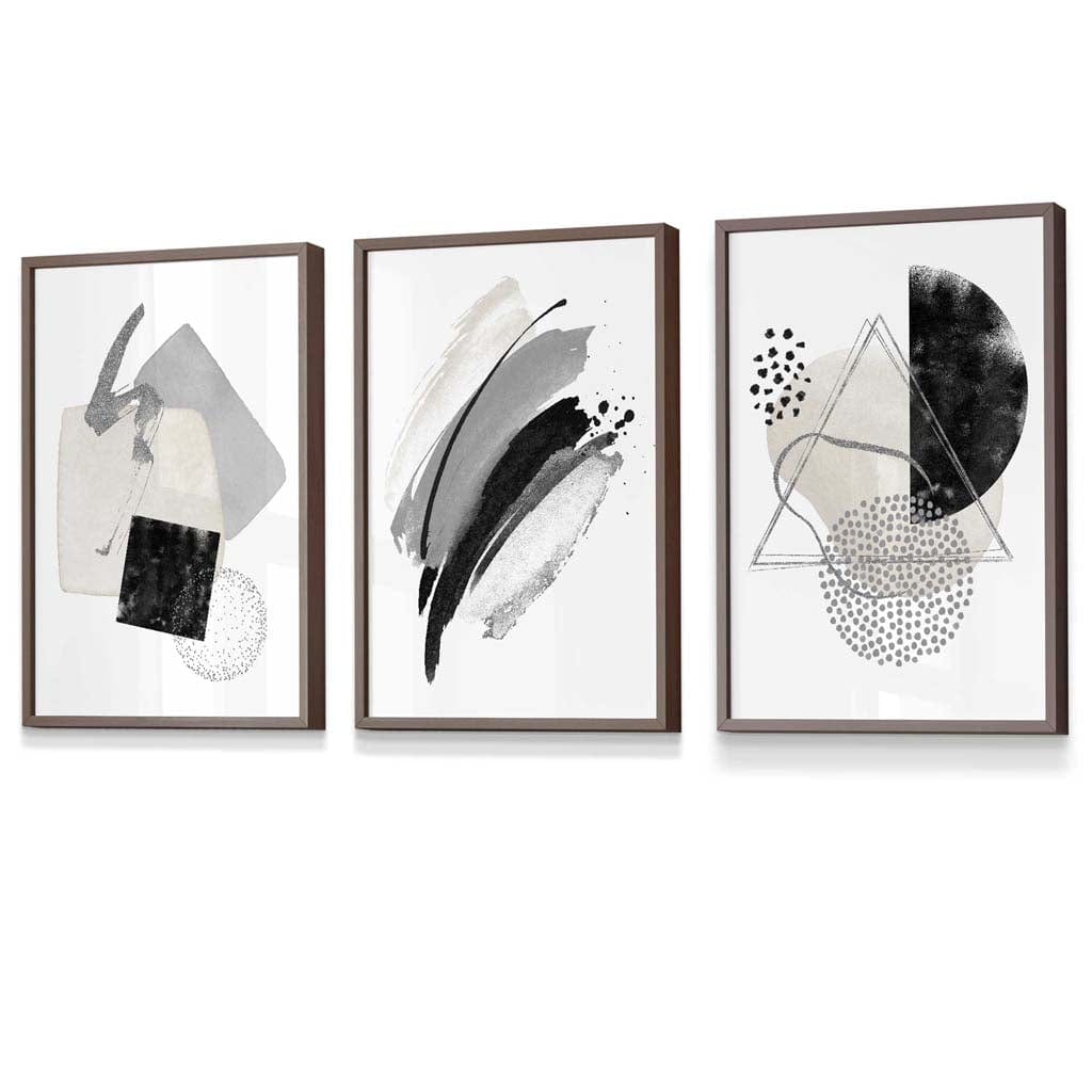 Abstract Gray Black and Silver Set of 3 Framed Wall Art Prints | Bowlift