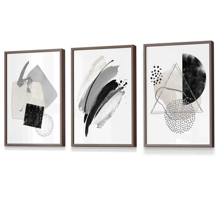Abstract Gray Black and Silver Set of 3 Framed Wall Art Prints | Bowlift