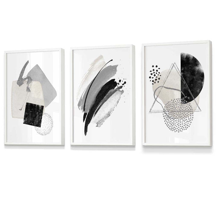 Abstract Gray Black and Silver Set of 3 Framed Wall Art Prints | Bowlift