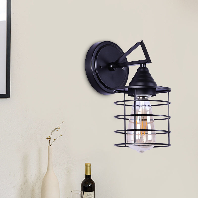 BowLift | Metal Cylindrical Frame Wall Lamp Farm 1 Bulb Dining Room Wall Mounted Light in Black