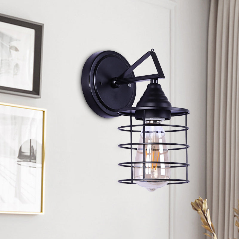 BowLift | Metal Cylindrical Frame Wall Lamp Farm 1 Bulb Dining Room Wall Mounted Light in Black