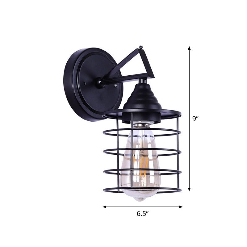 BowLift | Metal Cylindrical Frame Wall Lamp Farm 1 Bulb Dining Room Wall Mounted Light in Black
