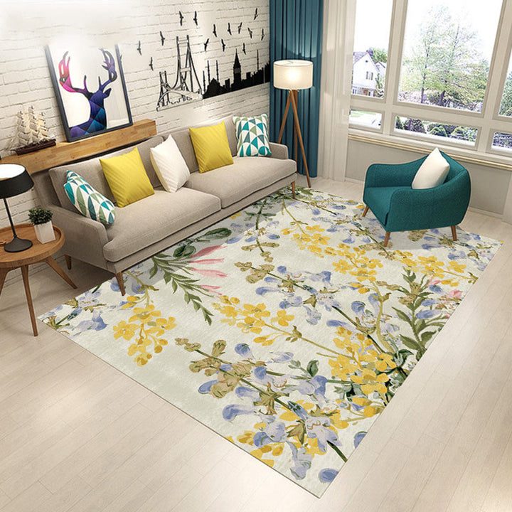 Contemporary Modern Rug in Green and Yellow Botanical Floral Leaf Pattern Rug Polyester Washable Rug for Home Decor | Bowlift