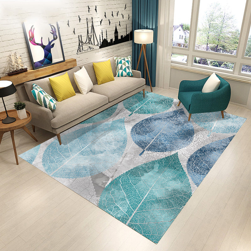 Contemporary Modern Rug in Green and Yellow Botanical Floral Leaf Pattern Rug Polyester Washable Rug for Home Decor | Bowlift