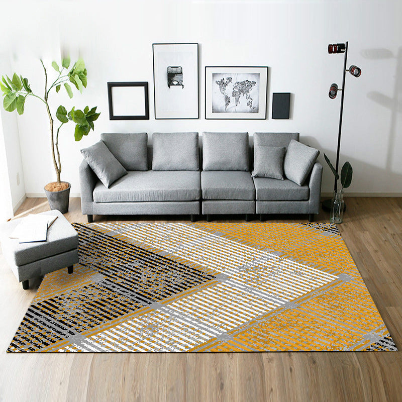 Modern living room rug in black and yellow color block striped pattern rug polyester non-slip rug | Bowlift