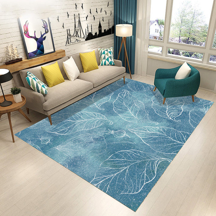 Blue and Brown Bedroom Rug Modern Botanical Flower and Leaf Pattern Area Rug Polyester Pet Friendly Rug | Bowlift