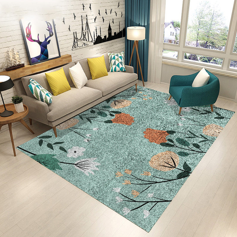 Blue and Brown Bedroom Rug Modern Botanical Flower and Leaf Pattern Area Rug Polyester Pet Friendly Rug | Bowlift