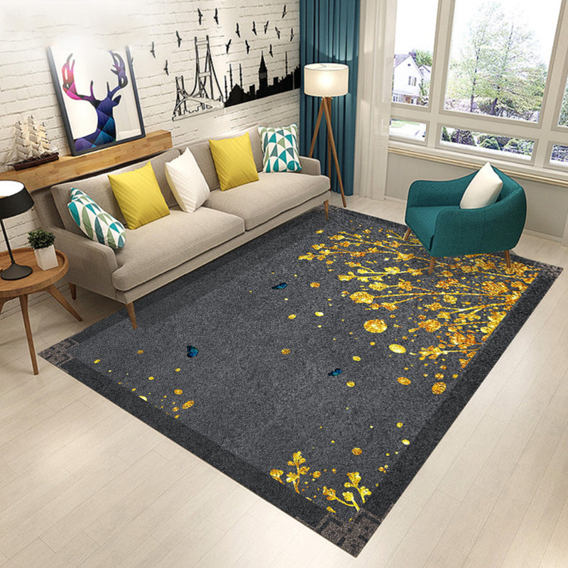 Blue and Brown Bedroom Rug Modern Botanical Flower and Leaf Pattern Area Rug Polyester Pet Friendly Rug | Bowlift