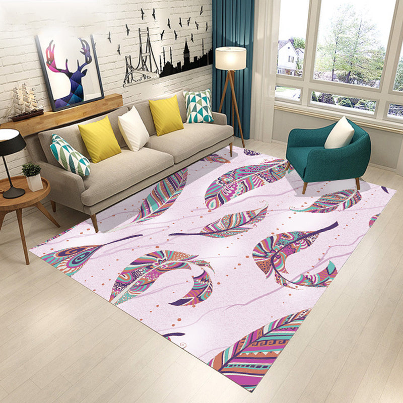 Modern living room rug in pink and green with botanical leaf design Floral print rug Polyester anti-slip rug | Bowlift