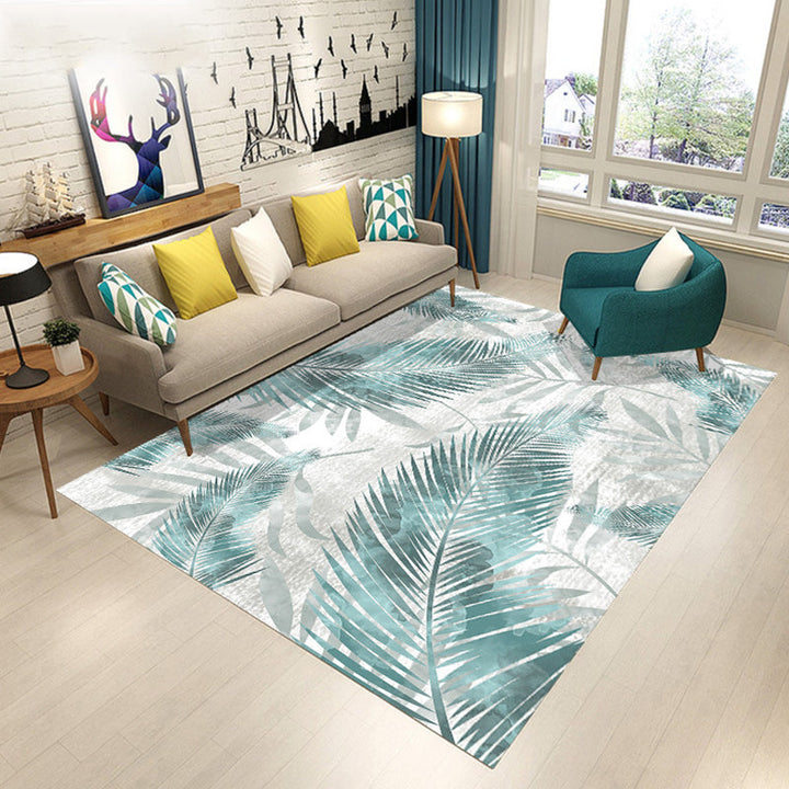 Modern living room rug in pink and green with botanical leaf design Floral print rug Polyester anti-slip rug | Bowlift