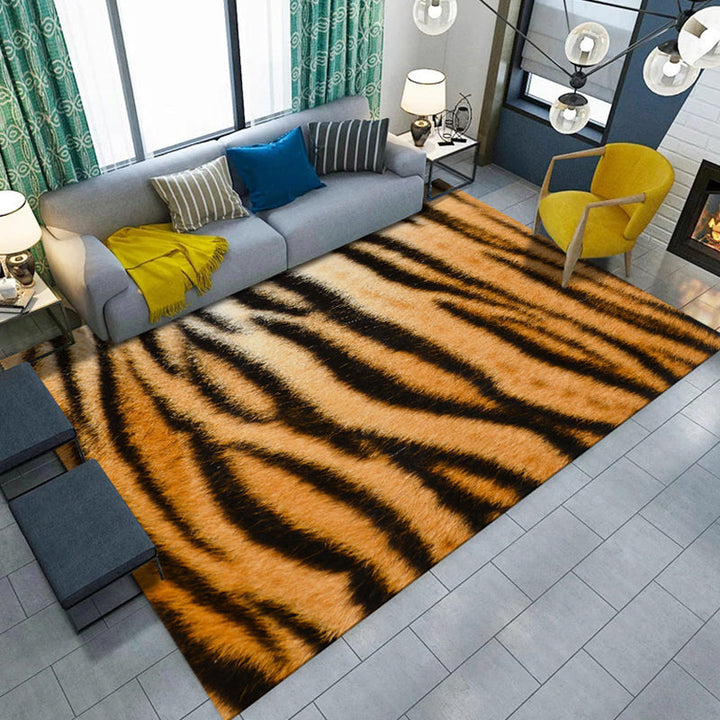 Modern living room rug in black and orange animal giraffe tiger leopard pattern rug polyester non-slip area rug | Bowlift
