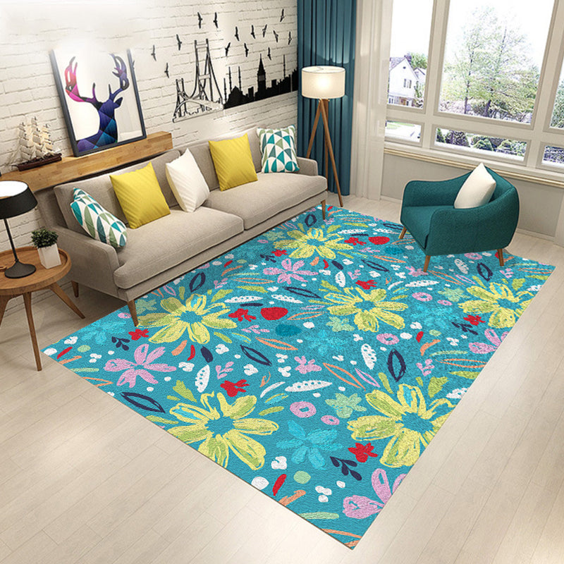 Scandinavian Modern Rug in Black and Blue with Botanical Leaf Flower Pattern Polyester Rug Pet-Friendly Rug for Home Decor | Bowlift