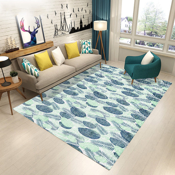 Scandinavian Modern Rug in Black and Blue with Botanical Leaf Flower Pattern Polyester Rug Pet-Friendly Rug for Home Decor | Bowlift