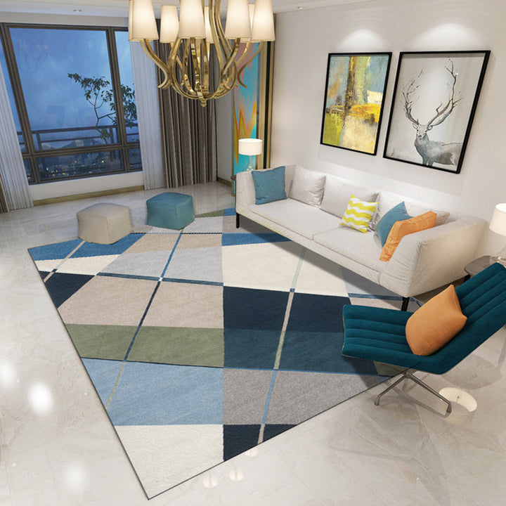 Modern living room rug in blue and brown color block irregular shape print rug polyester pet-friendly area rug | Bowlift