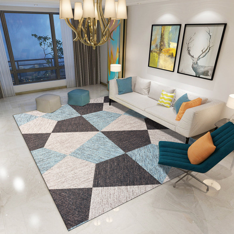 Modern living room rug in blue and brown color block irregular shape print rug polyester pet-friendly area rug | Bowlift
