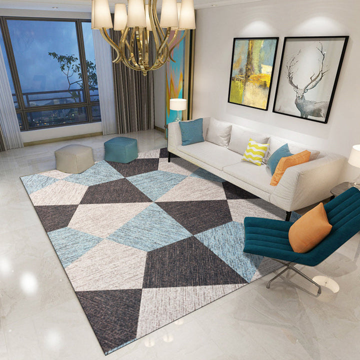 Modern living room rug in blue and brown color block irregular shape print rug polyester pet-friendly area rug | Bowlift