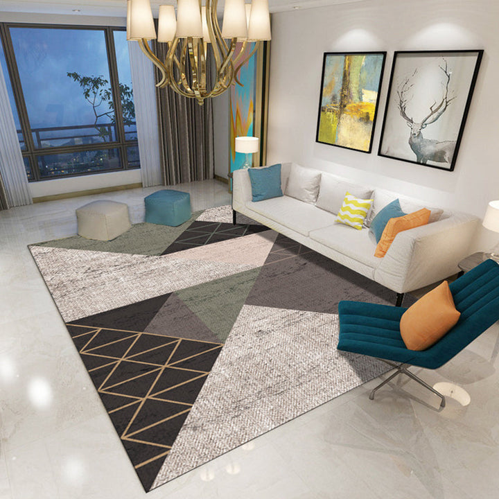 Modern living room rug in blue and brown color block irregular shape print rug polyester pet-friendly area rug | Bowlift