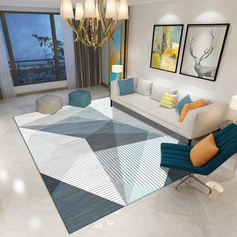 Modern living room rug in blue and brown color block irregular shape print rug polyester pet-friendly area rug | Bowlift
