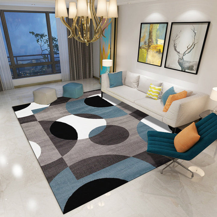 Modern living room rug in blue and brown color block irregular shape print rug polyester pet-friendly area rug | Bowlift