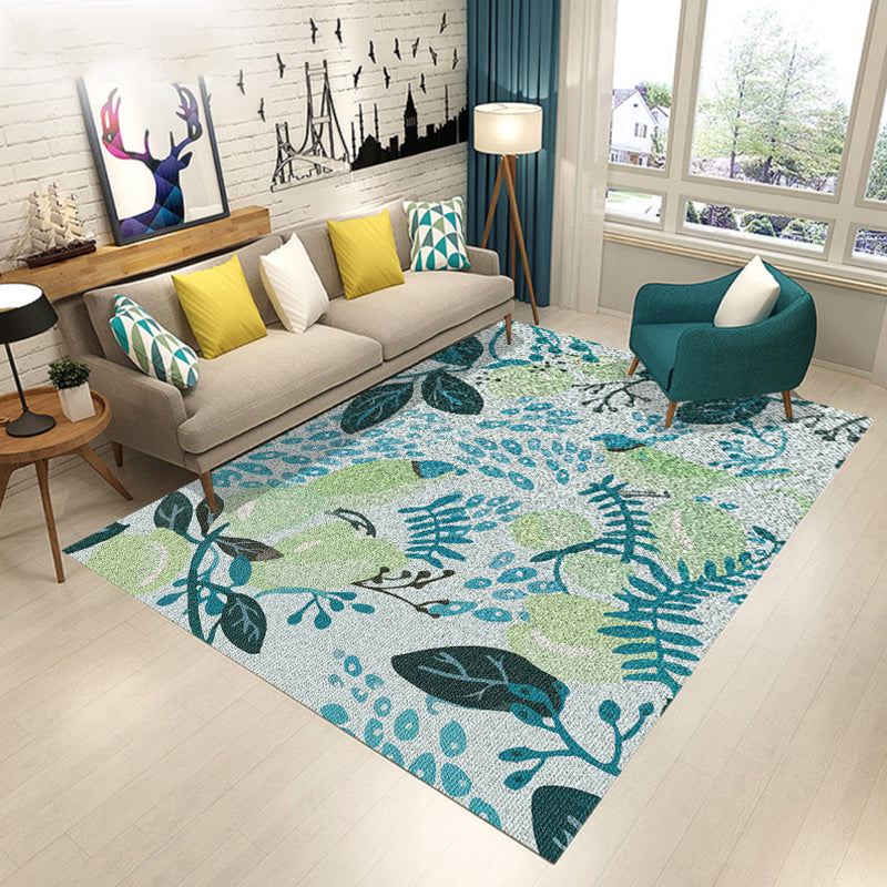 Blue and Brown Bedroom Rug Modern Botanical Flower and Leaf Pattern Area Rug Polyester Pet Friendly Rug | Bowlift