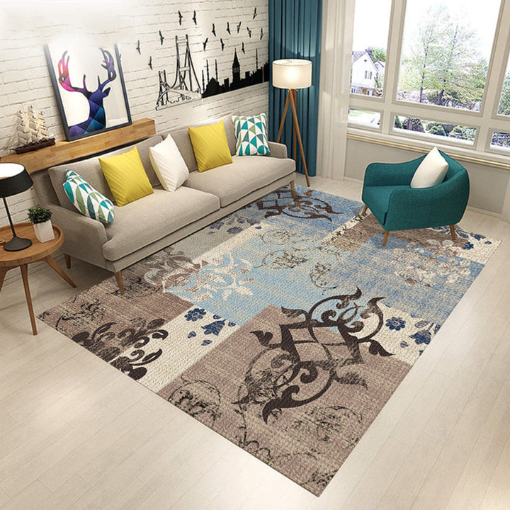 Blue and Brown Bedroom Rug Modern Botanical Flower and Leaf Pattern Area Rug Polyester Pet Friendly Rug | Bowlift