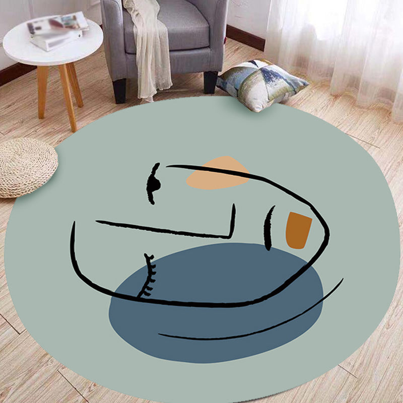 BowLift | Novelty Living Room Irregular Rug in Blue Abstract Face Print Rug Polyester Pet-Friendly Area Rug