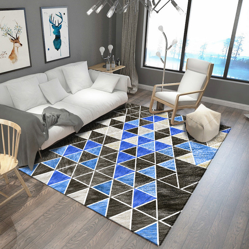 Modern living room rug in gray and blue Geometric triangle hexagon print rug Polyester anti-slip area rug | Bowlift