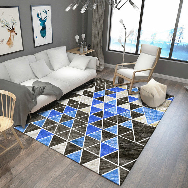 Modern living room rug in gray and blue Geometric triangle hexagon print rug Polyester anti-slip area rug | Bowlift