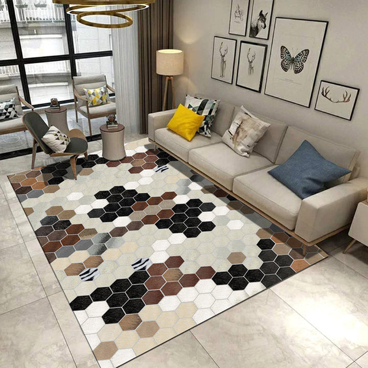Modern living room rug in gray and blue Geometric triangle hexagon print rug Polyester anti-slip area rug | Bowlift
