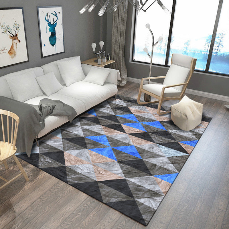 Modern living room rug in gray and blue Geometric triangle hexagon print rug Polyester anti-slip area rug | Bowlift