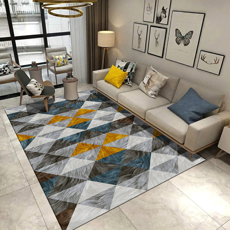 Modern living room rug in gray and blue Geometric triangle hexagon print rug Polyester anti-slip area rug | Bowlift