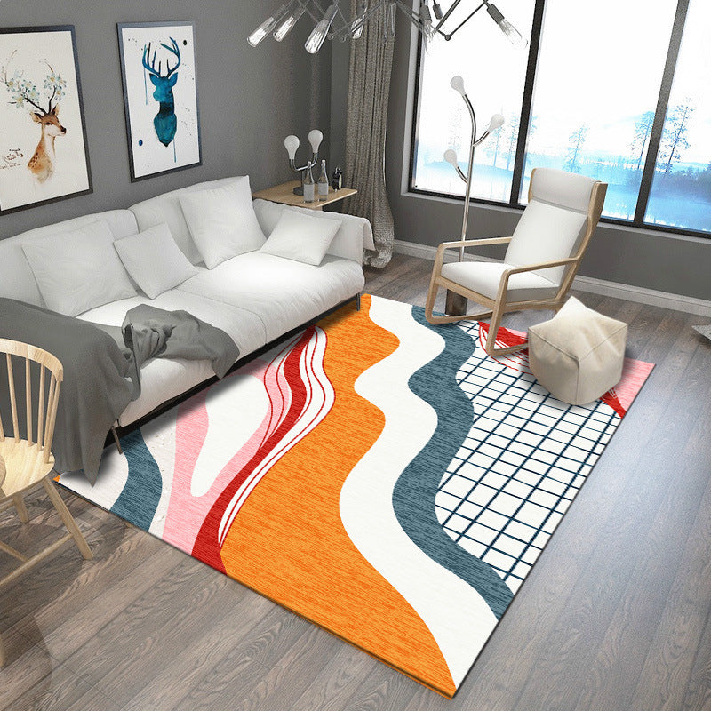 Modern living room rug in brown and blue color block twisted lines print rug polyester non-slip backing rug | Bowlift