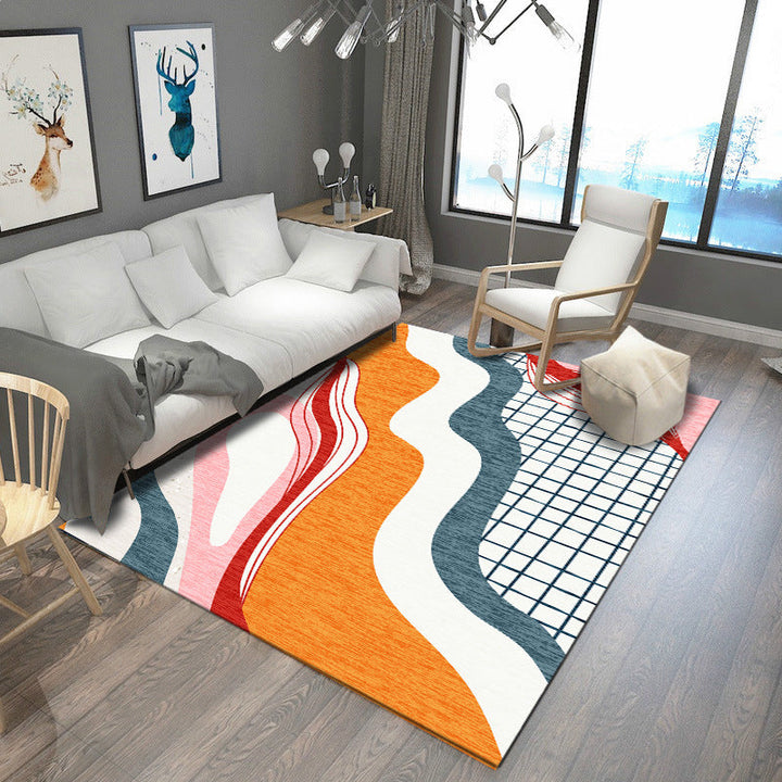 Modern living room rug in brown and blue color block twisted lines print rug polyester non-slip backing rug | Bowlift