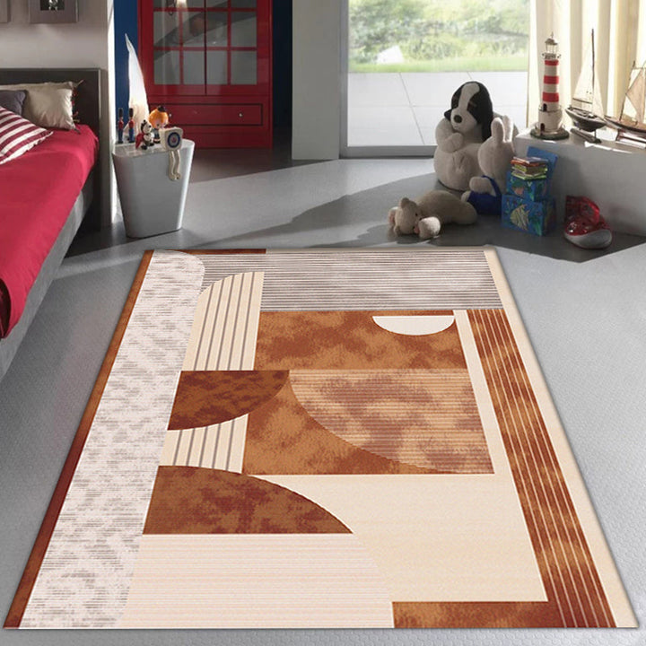 Modern living room rug in brown and blue color block twisted lines print rug polyester non-slip backing rug | Bowlift