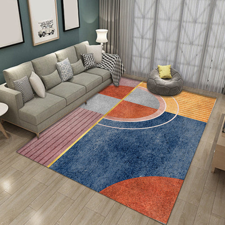 Modern living room rug in brown and blue color block twisted lines print rug polyester non-slip backing rug | Bowlift