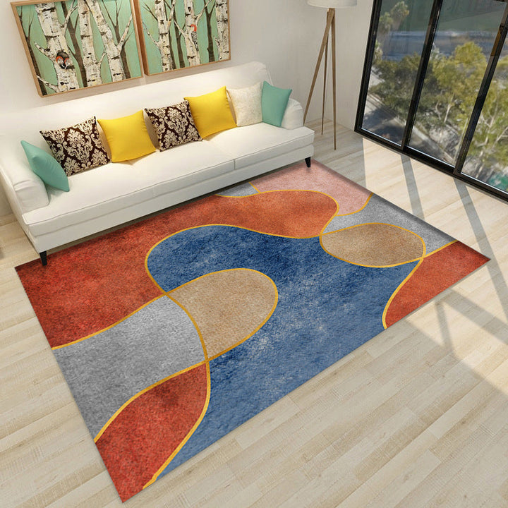 Modern living room rug in brown and blue color block twisted lines print rug polyester non-slip backing rug | Bowlift