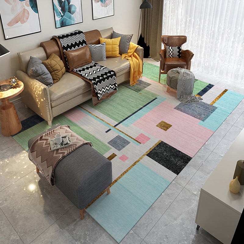 Modern geometric patterned rug with striped multicolored polyester rug washable non-slip pet-friendly rug for the living room | Bowlift